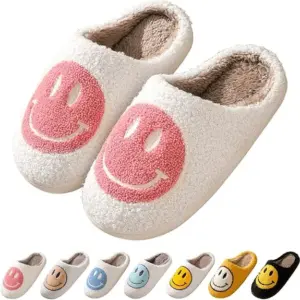 Smile Face Slippers for Women Happy face slippers Retro Soft Plush Warm Slip-on Slippers, Cozy Indoor Outdoor Slippers