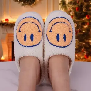 FACAXEDRE Smile Face Slippers for Women - Indoor Outdoor Retro Happy House Slides, Soft Fluffy Cushion Furry Shoes